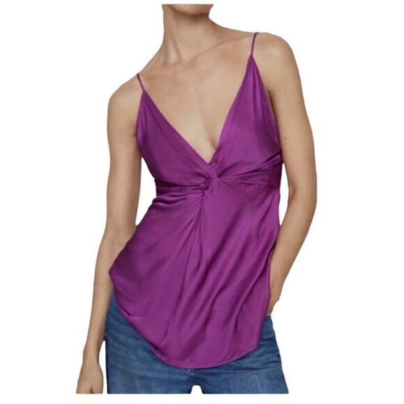 Zara Satin Tank‎ Top Knot Silky Flowy V-Neck Spring Plunge Sexy Blouse - Picture 1 of 9